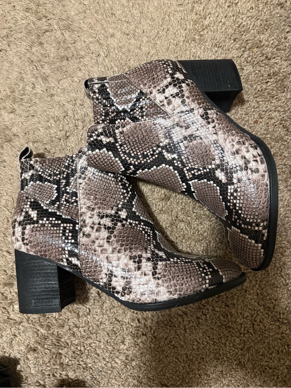 Blondo Snake-Print Ankle Booties in Taupe and Black